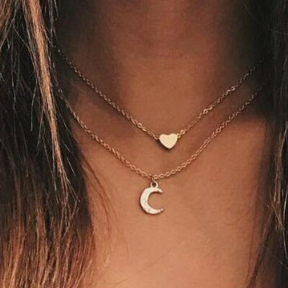 NEW Dainty Gold Heart Moon Layered‎ Necklace